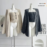 GETADME 보몬 레트로 프린세스 3피스 여성 의류 가을 겨울 신상품 한국 버전 가슴 탑 니트 카디건 스커트 슈트