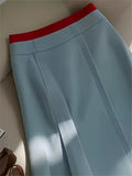 GETADME Bomon Y2K blue and red color contrast baseball slant skirt women 2025 new pre-fall fashion design high-waisted mid-long skirt
