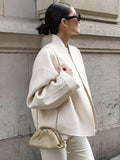 GETADME Bornladies Autumn Winter New Women's Long Sleeved V-Neck Woolen Jacket Short Loose Commuting Lazy Cardigan Office Lady  Coat