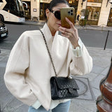 GETADME Bornladies Autumn Winter New Women's Long Sleeved V-Neck Woolen Jacket Short Loose Commuting Lazy Cardigan Office Lady  Coat