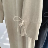 GETADME Bowknot Decorations Corduroy Abaya Muslim Women Dress, O Neck Side Pockets, Warm Loose Modest Islam Hijabi Robe, Ramadan, Autumn