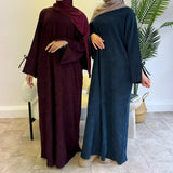 GETADME Bowknot Decorations Corduroy Abaya Muslim Women Dress, O Neck Side Pockets, Warm Loose Modest Islam Hijabi Robe, Ramadan, Autumn