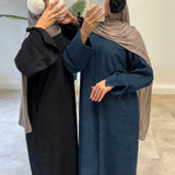GETADME Bowknot Decorations Corduroy Abaya Muslim Women Dress, O Neck Side Pockets, Warm Loose Modest Islam Hijabi Robe, Ramadan, Autumn