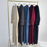 GETADME Bowknot Decorations Corduroy Abaya Muslim Women Dress, O Neck Side Pockets, Warm Loose Modest Islam Hijabi Robe, Ramadan, Autumn