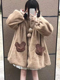 GETADME Brown Japanese Kawaii Hooded Jackets Women Loose Pockets Lolita Sweet Wool Jackets Female Korean Long Sleeve Coat Winter 2025