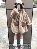 GETADME Brown Japanese Kawaii Hooded Jackets Women Loose Pockets Lolita Sweet Wool Jackets Female Korean Long Sleeve Coat Winter 2025
