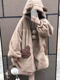 GETADME Brown Japanese Kawaii Hooded Jackets Women Loose Pockets Lolita Sweet Wool Jackets Female Korean Long Sleeve Coat Winter 2025