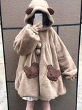 GETADME Brown Japanese Kawaii Hooded Jackets Women Loose Pockets Lolita Sweet Wool Jackets Female Korean Long Sleeve Coat Winter 2025