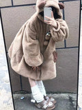 GETADME Brown Japanese Kawaii Hooded Jackets Women Loose Pockets Lolita Sweet Wool Jackets Female Korean Long Sleeve Coat Winter 2025
