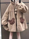 GETADME Brown Japanese Kawaii Hooded Jackets Women Loose Pockets Lolita Sweet Wool Jackets Female Korean Long Sleeve Coat Winter 2025