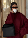 GETADME Burgundy Chic Women's Loose Sweater Midi Skirt Suit Elegant Turtleneck Long Sleeve Knit Pullover 2-piece Set Autumn Lady Outfits