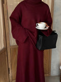 GETADME Burgundy Chic Women's Loose Sweater Midi Skirt Suit Elegant Turtleneck Long Sleeve Knit Pullover 2-piece Set Autumn Lady Outfits