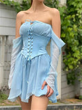 GETADME CHRONSTYLE Vintage Off Shoulder Long Sleeve A-Line Short Dress Women Fairy Elegant Square Neck Bandage Corset Mini Dresses Party