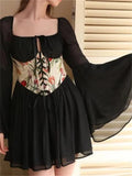 GETADME CHRONSTYLE Vintage Off Shoulder Long Sleeve A-Line Short Dress Women Fairy Elegant Square Neck Bandage Corset Mini Dresses Party
