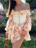 GETADME CHRONSTYLE Vintage Off Shoulder Long Sleeve A-Line Short Dress Women Fairy Elegant Square Neck Bandage Corset Mini Dresses Party
