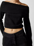 GETADME CHRONSTYLE Women Spring Fall Knitted Sweaters Tops Solid Color Long Sleeve Off Shoulder Slash Neck Ribbed Slim Knitwear Jumpers