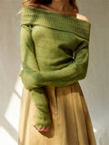 GETADME CHRONSTYLE Women Spring Fall Knitted Sweaters Tops Solid Color Long Sleeve Off Shoulder Slash Neck Ribbed Slim Knitwear Jumpers