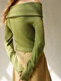 GETADME CHRONSTYLE Women Spring Fall Knitted Sweaters Tops Solid Color Long Sleeve Off Shoulder Slash Neck Ribbed Slim Knitwear Jumpers