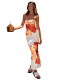 GETADME CUTENOVA Women's 2025 New Flower Printed Tubeless Dress Casual Vacation Off Shoulder Slim Beach Floor Length Long Dress