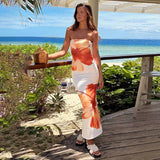 GETADME CUTENOVA Women's 2025 New Flower Printed Tubeless Dress Casual Vacation Off Shoulder Slim Beach Floor Length Long Dress