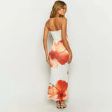 GETADME CUTENOVA Women's 2025 New Flower Printed Tubeless Dress Casual Vacation Off Shoulder Slim Beach Floor Length Long Dress