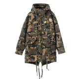 GETADME Camouflage Cotton Hooded Jacket for Women Loose Padded Coats Medium Length Cargo Tooling Parkas College Y2K Military Outwear