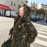 GETADME Camouflage Cotton Hooded Jacket for Women Loose Padded Coats Medium Length Cargo Tooling Parkas College Y2K Military Outwear