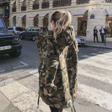 GETADME Camouflage Cotton Hooded Jacket for Women Loose Padded Coats Medium Length Cargo Tooling Parkas College Y2K Military Outwear
