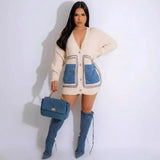 GETADME Cardigan Women Coats Sweaters Knitted V Neck Full Sleeve Jumpers Elegant Splice Casual Loose Single Breasted Coat Autumn