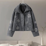 GETADME Casual Embroidery Beading Loose Women Coat Lapel Collar Bat Sleeve Solid Wool Blend Jacket 2025 New Lady Luxury Spring Outerwear