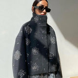GETADME Casual Embroidery Beading Loose Women Coat Lapel Collar Bat Sleeve Solid Wool Blend Jacket 2025 New Lady Luxury Spring Outerwear