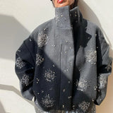 GETADME Casual Embroidery Beading Loose Women Coat Lapel Collar Bat Sleeve Solid Wool Blend Jacket 2025 New Lady Luxury Spring Outerwear
