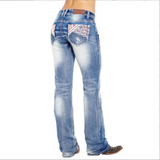 GETADME Casual High Waist Straight Pants New Hot Sale Women's Washed Flag Element Embroidered Jeans Pants Black Dark Blue Light Blue