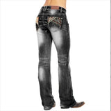 GETADME Casual High Waist Straight Pants New Hot Sale Women's Washed Flag Element Embroidered Jeans Pants Black Dark Blue Light Blue