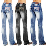 GETADME Casual High Waist Straight Pants New Hot Sale Women's Washed Flag Element Embroidered Jeans Pants Black Dark Blue Light Blue