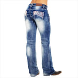 GETADME Casual High Waist Straight Pants New Hot Sale Women's Washed Flag Element Embroidered Jeans Pants Black Dark Blue Light Blue