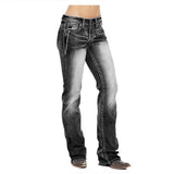 GETADME Casual High Waist Straight Pants New Hot Sale Women's Washed Flag Element Embroidered Jeans Pants Black Dark Blue Light Blue