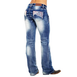 GETADME Casual High Waist Straight Pants New Hot Sale Women's Washed Flag Element Embroidered Jeans Pants Black Dark Blue Light Blue