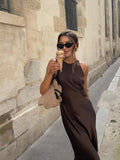 GETADME Casual Round Neck Off Shoulder Women's Maxi Dress Fashion Sleeveless Solid Color Long Dresses Lady High Streetwear Vestidos