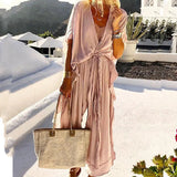 GETADME Casual Summer Retro Solid Color Short Sleeve Party Dress Women Elegant Ruffle Long Dress Fashion Holiday Boho Loose Ladies Dress