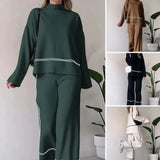 GETADME Casual Women Set Spring Summer Fashion Long Sleeve O-Neck Loose Suit Female Vintage Pocket Top Long Wide Leg Pants 2 Pcs Outfit