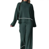 GETADME Casual Women Set Spring Summer Fashion Long Sleeve O-Neck Loose Suit Female Vintage Pocket Top Long Wide Leg Pants 2 Pcs Outfit