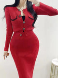 GETADME Chic France Vintage Women Knitted 2 Piece Set Fall Winter Solid Diamonds Button Cardigan Sweater + High Waist Bodycon Midi Skirt