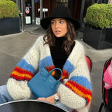GETADME Chic Knitted Cardigan Autumn Winter Women Coat Trend Stripes Fluffy Sweater Designs Long Sleeve Tops Casual Loose Jumpers New
