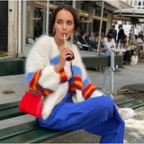 GETADME Chic Knitted Cardigan Autumn Winter Women Coat Trend Stripes Fluffy Sweater Designs Long Sleeve Tops Casual Loose Jumpers New