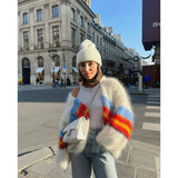 GETADME Chic Knitted Cardigan Autumn Winter Women Coat Trend Stripes Fluffy Sweater Designs Long Sleeve Tops Casual Loose Jumpers New
