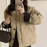 GETADME Chic Patchwork Cropped Jacket Autumn Winter Women Cotton-padded Jacket Lightweight Coat Pocket Long Sleeve Warm Design Coats