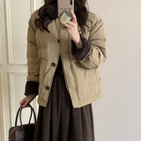GETADME Chic Patchwork Cropped Jacket Autumn Winter Women Cotton-padded Jacket Lightweight Coat Pocket Long Sleeve Warm Design Coats