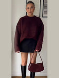 GETADME Chic Red O-neck Pullover Sweater For Women Elegant Long Sleeves Casual Loose Knitted Tops 2024 Autumn Lady New Fashion Jumpers