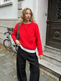 GETADME Chic Red O-neck Pullover Sweater For Women Elegant Long Sleeves Casual Loose Knitted Tops 2024 Autumn Lady New Fashion Jumpers
